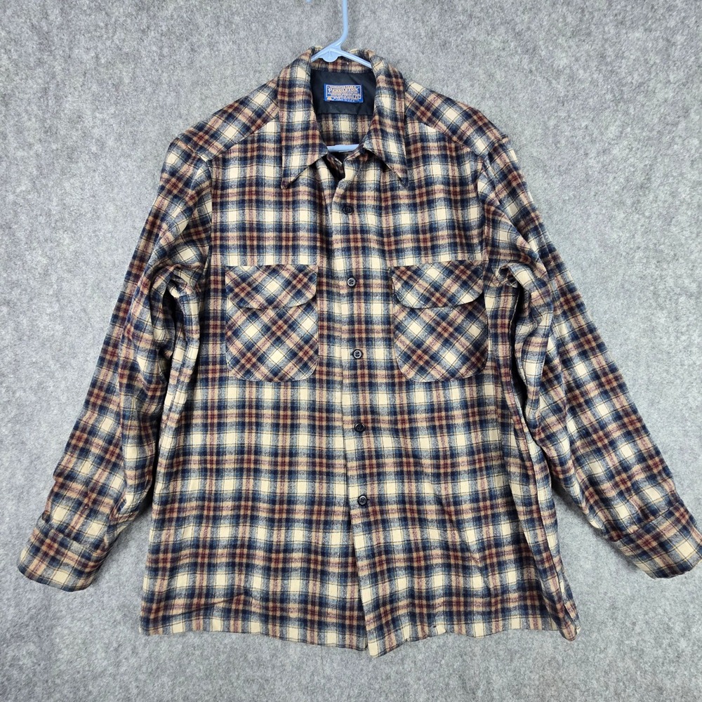 Pendleton Board Shirt Mens L Blue Tan Plaid Wool Button Front Flap Pockets